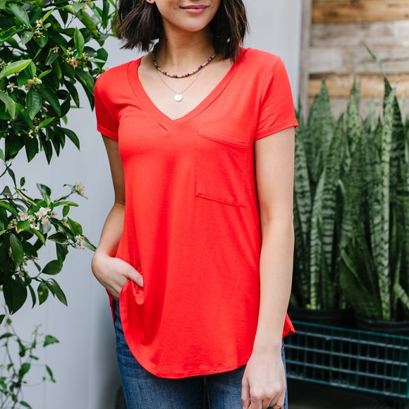 Mono B Tops - Mono B Everyday Yay V-Neck Tee in Red Orange